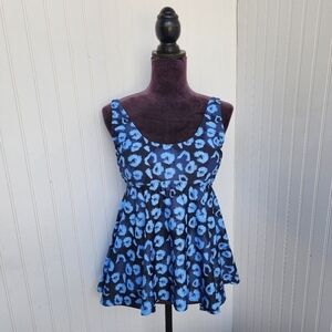 NWOT NOON SWIM Womens 1pc Swimsuit Top Tankini Peplum Blue Print Strap Sz 10